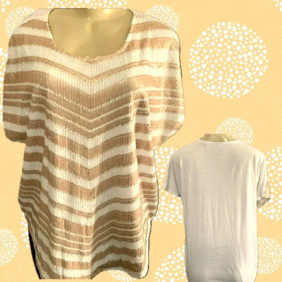 Worthington XL Carmel Striped Sequin Scoop Neckline Curved Hem Short Sleeve Top - Picture 1 of 6